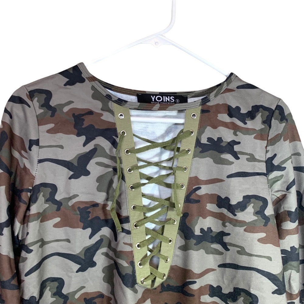 Boutique Yoins Military Camouflage Sexy Lace-Up V-Neck Long Sleeve Top Sz Small - Picture 6 of 16